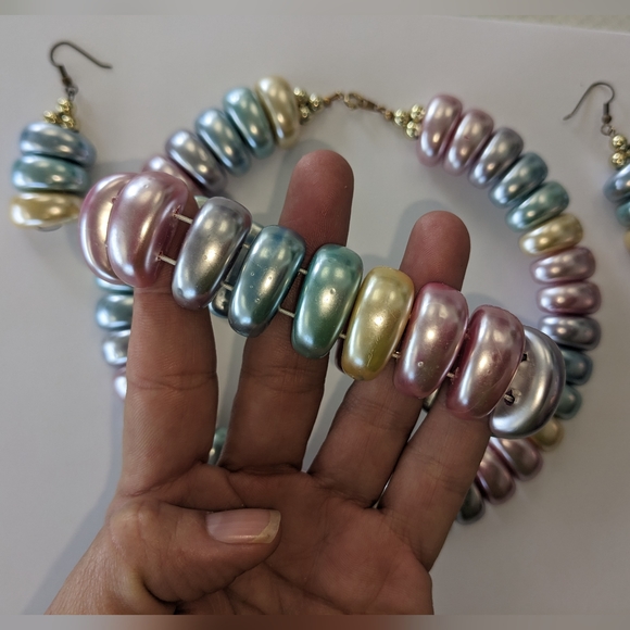 RARE! EVC 80's PLASTIC CHUNKY METALLIC PASTEL JEWELRY SET - Picture 9 of 12